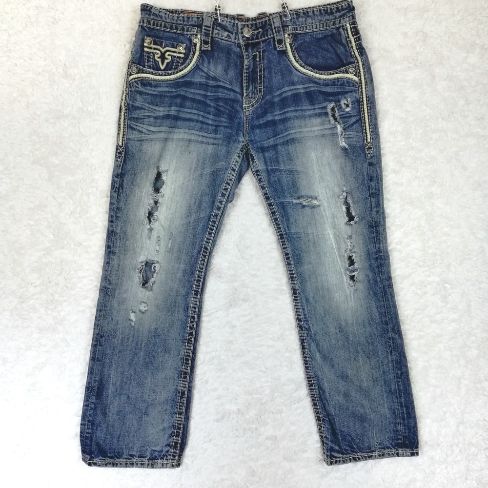 Rock Revival Mens Jeans Tucker Straight Leg Blue Denim Relaxed Fit Destroyed 36